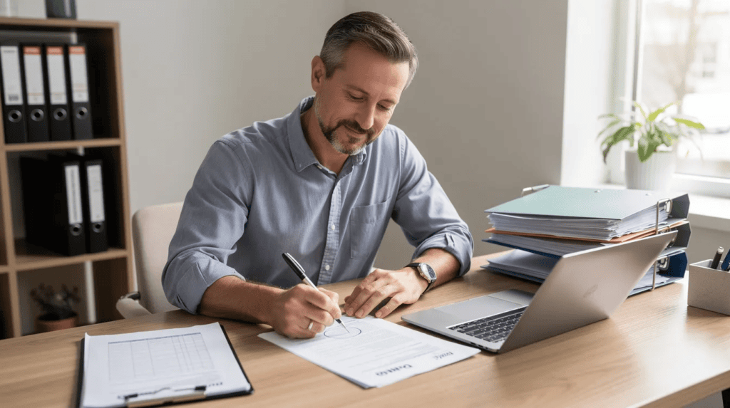 Small Business Loan Mistakes, Pitfalls & Scams - A confident small business owner is seated at a desk, reviewing loan documents with a focused expression, embodying a clear understanding of the loan process and how to avoid common small business loan mistakes. The scene conveys a reassuring atmosphere, emphasizing the importance of diligence and preparation in securing business financing.