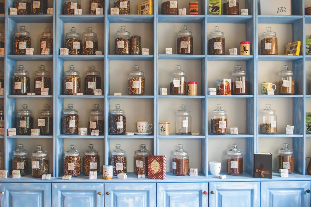 a wall full of goods at a store