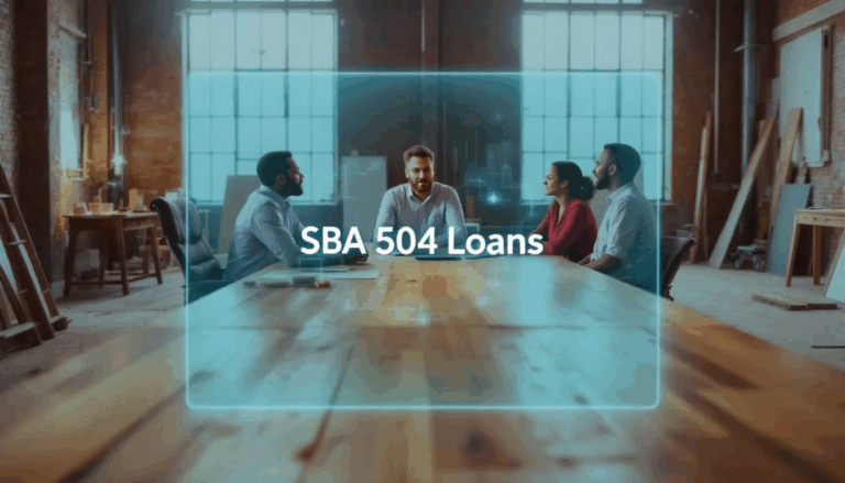 SBA 504 Loans - In a large warehouse under renovation, a small business owner meets with a business loan broker and a representative from a Certified Development Company, discussing the potential of SBA 504 loans to promote business growth and job creation. A transparent overlay prominently displays the title "SBA 504 Loans," emphasizing the focus on financing options for small businesses.