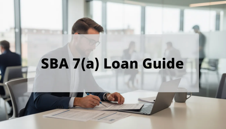 SBA 7(a) Loan Guide - A small business owner sits at a modern desk in an open-space office, reviewing loan documents with a focused expression, symbolizing authority and trust. A translucent overlay features the title “SBA 7(a) Loan Guide” in bold black text, emphasizing the importance of understanding SBA loan programs for business financing.