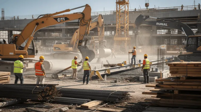 Construction Invoice Factoring - The image depicts a construction crew actively engaged in building a new site, showcasing various workers in hard hats and safety gear operating machinery and handling materials. This scene illustrates the dynamic nature of the construction industry, highlighting the teamwork and effort required for successful construction projects using construction invoice factoring.