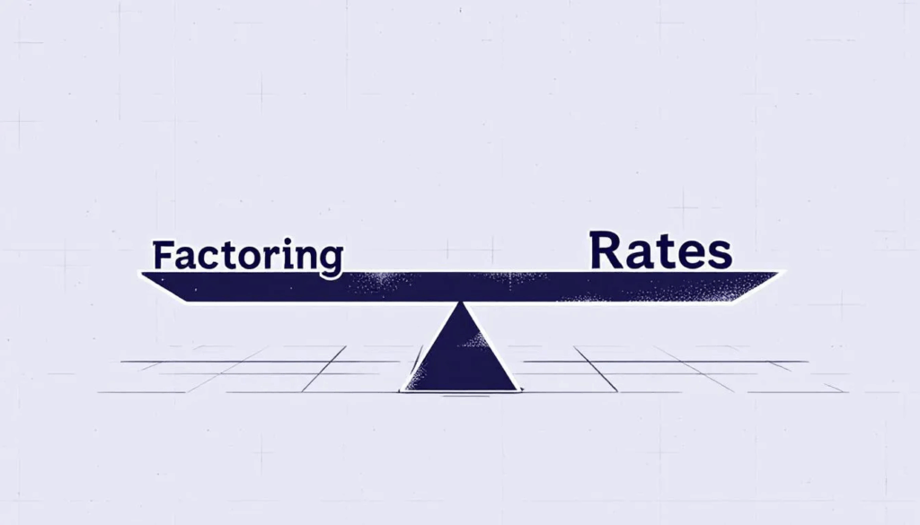 Factoring Rates Comparison - An image depicting a balancing scale, with the word "Factoring" on one side and "Rates" on the other, symbolizes the comparison of invoice factoring costs and fees among different factoring companies. This visual representation emphasizes the importance of understanding factoring rates and their impact on cash flow for businesses.