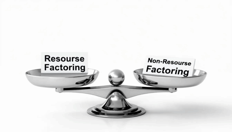 Recourse Factoring vs Non-Recourse Factoring - An image of a balancing scale visually represents the concepts of recourse vs and non-recourse factoring, with "Recourse Factoring" labeled on one side and "Non-Recourse Factoring" on the other, highlighting the differences in risk and responsibility for unpaid invoices between the two types of accounts receivable financing.