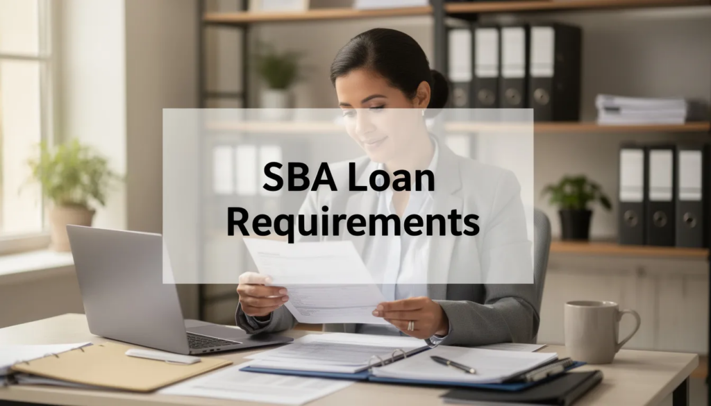 SBA Loan Requirements - The image shows a confident small business owner reviewing paperwork for an SBA loan, embodying professionalism and determination for future business growth. A transparent overlay with the title “SBA Loan Requirements” in black text highlights the importance of understanding funding opportunities for effective business management.