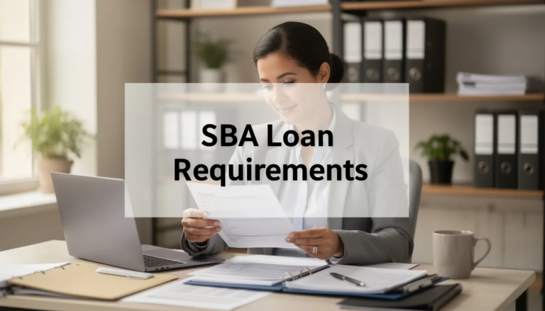 SBA Loan Requirements - The image shows a confident small business owner reviewing paperwork for an SBA loan, embodying professionalism and determination for future business growth. A transparent overlay with the title “SBA Loan Requirements” in black text highlights the importance of understanding funding opportunities for effective business management.
