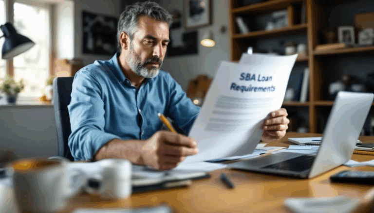 SBA Loan Requirements - A small business owner is seated at a desk, closely examining the SBA loan requirements, which include reviewing personal credit scores and business financial statements, in preparation for their SBA loan application. The atmosphere is focused as they consider the eligibility criteria for securing funding through SBA-backed loans.