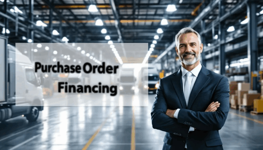 Purchase Order Financing - In the image, a confident wholesale small business owner observes delivery trucks departing from a factory floor to fulfill customer orders, with a transparent overlay displaying the title "Purchase Order Financing." This scene highlights the importance of purchase order financing in supporting small business operations and managing cash flow.