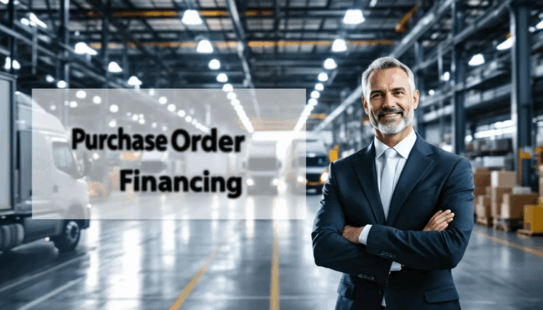 Purchase Order Financing - In the image, a confident wholesale small business owner observes delivery trucks departing from a factory floor to fulfill customer orders, with a transparent overlay displaying the title "Purchase Order Financing." This scene highlights the importance of purchase order financing in supporting small business operations and managing cash flow.