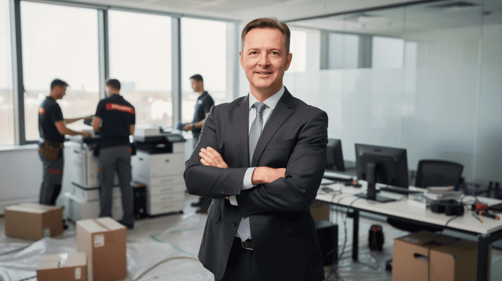 Equipment Financing Lenders - A confident small business owner in a suit stands with arms crossed, looking directly at the camera, while equipment installers work in the background, setting up new office equipment in a modern, renovated space. This scene highlights the importance of equipment financing lenders for business growth and success.
