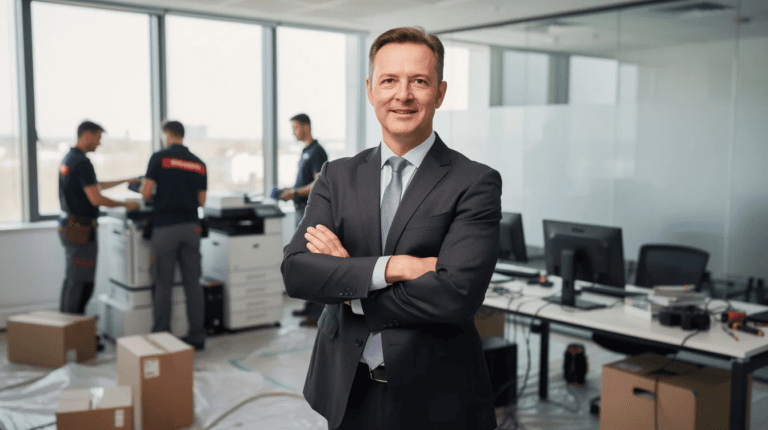 Equipment Financing Lenders - A confident small business owner in a suit stands with arms crossed, looking directly at the camera, while equipment installers work in the background, setting up new office equipment in a modern, renovated space. This scene highlights the importance of equipment financing lenders for business growth and success.
