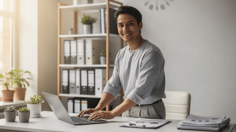How to Check if a Business Loan Company is Legitimate - A small business owner appears happy and confident while researching potential lenders, showcasing a sense of success when researching how to check if a business loan company is legitimate. The image reflects the importance of being aware of loan scams and the need for careful evaluation of financial services companies.