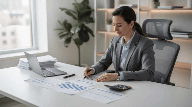 Business Tradelines For Sale - A small business owner is confidently seated at a desk in a modern office, reviewing business tradelines for sale that reflect their strong business credit profile. The atmosphere suggests success in managing financial obligations and building business credit through timely payments and a solid credit history.