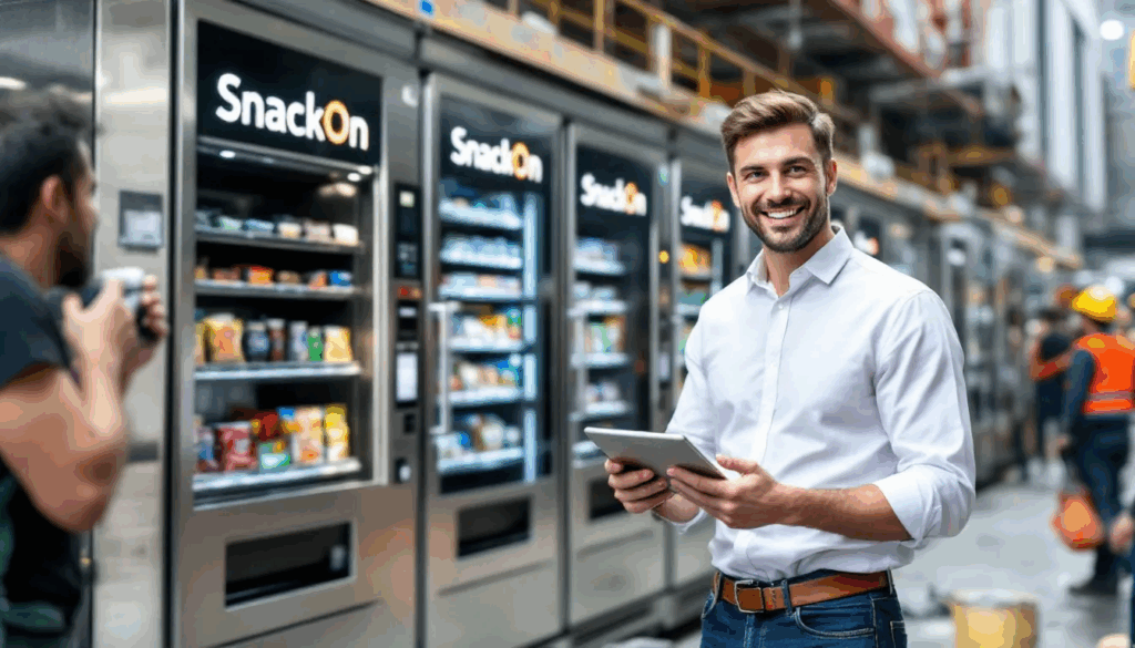 Financing a Vending Machine Business - A small business owner stands proudly in front of newly installed vending machines at a bustling location, symbolizing the launch of their new vending machine business following the completion of their detailed vending machine business plan. The scene captures the excitement of entering the vending machine industry, with fresh machines ready to serve customers.