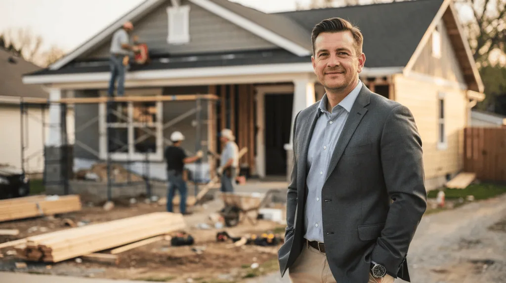 Hard Money Loans with 100% Financing - A confident real estate investor gazes into the camera, exuding a sense of financial success, while a construction crew works diligently on rehabbing a residential home in the background. This image reflects the potential benefits of hard money loans with 100% financing in real estate investing.