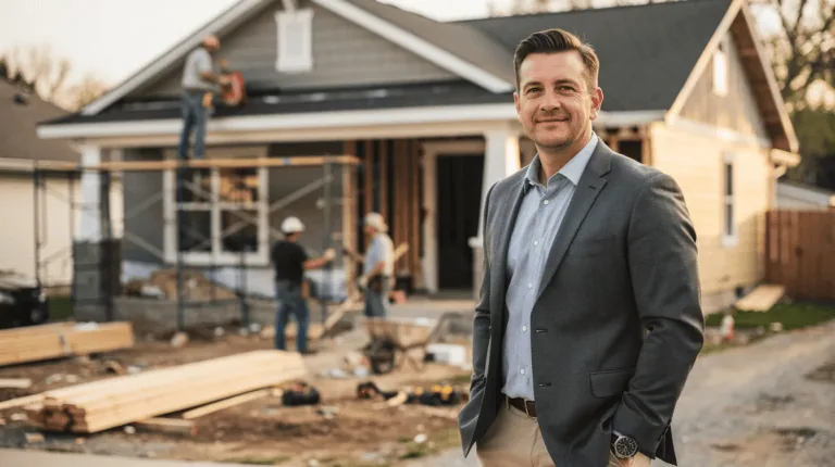 Hard Money Loans with 100% Financing - A confident real estate investor gazes into the camera, exuding a sense of financial success, while a construction crew works diligently on rehabbing a residential home in the background. This image reflects the potential benefits of hard money loans with 100% financing in real estate investing.