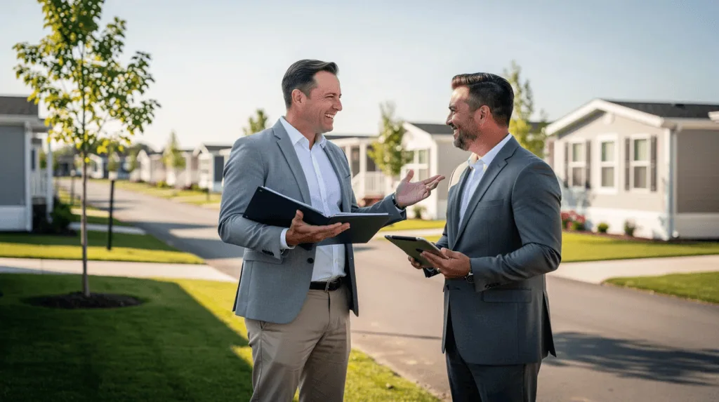 Mobile Home Park Financing - A real estate investor and a loan broker are engaged in a discussion located in front of a mobile home park, symbolizing the potential for knowledge, growth, and opportunity in mobile home park financing. The scene captures the subject of collaboration, focusing on the financing options and accounts available for mom and pop owners looking to invest in affordable homes.