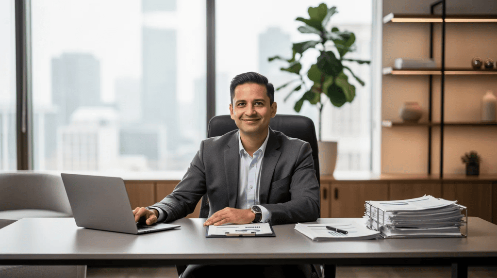 Minimum Credit Score Requirements for Small Business Loans - A confident business owner sits at a sleek desk in a modern office, reflecting a sense of success after carefully researching the minimum credit score requirements for small business loans. The image captures the essence of financial responsibility, highlighting the importance of a strong credit score and a solid business plan for securing financing options.