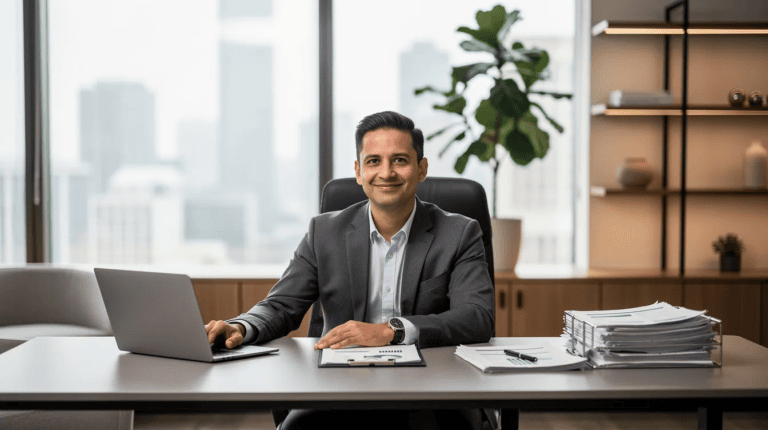 Minimum Credit Score Requirements for Small Business Loans - A confident business owner sits at a sleek desk in a modern office, reflecting a sense of success after carefully researching the minimum credit score requirements for small business loans. The image captures the essence of financial responsibility, highlighting the importance of a strong credit score and a solid business plan for securing financing options.