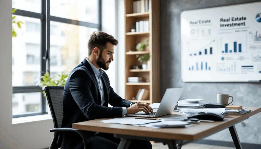 SBA Loans for Rental Property - A real estate investor is contemplating various business loan options, such as SBA loans and bridge loans, to finance their real estate investments. The scene conveys a thoughtful atmosphere as they weigh the potential of rental property loans and alternative loans for buying new rental properties.