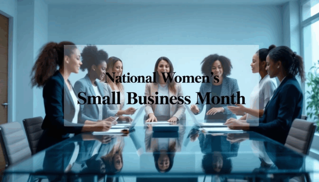 National Women's Small Business Month - The image depicts a diverse group of women business professionals gathered around a conference table, engaged in a meeting while reviewing important business information. A transparent overlay at the center features the title “National Women’s Small Business Month” in bold black text, symbolizing the celebration and support for women entrepreneurs and women-owned businesses.