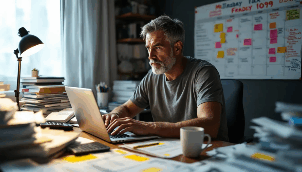 1099 Deductibles for Contractors - An independent contractor is seated at a desk, surrounded by paperwork, diligently reviewing their 1099 deductibles forms and noting various tax deductions, including business expenses like health insurance premiums and home office expenses, to lower their tax bill. The scene emphasizes the importance of understanding deductible business expenses and preparing for self-employment taxes.