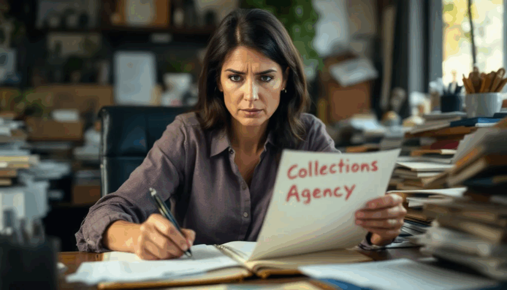 How to Send Someone to Collections - A small business owner is sitting at a desk, reviewing documents related to unpaid invoices and preparing to send a customer’s unpaid debt to a collection agency. The owner appears focused as they organize the necessary paperwork and consider the steps involved in the collections process.
