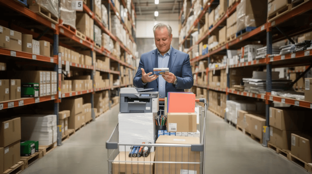 Sam's Club Business Credit Card - A small business owner dressed in a suit is seen shopping for office supplies at a big box warehouse club, embodying a sense of business growth and effective spending. The scene highlights the importance of making smart purchases to maximize cash back rewards, such as bonus cash, and benefits associated with a Sam's Club business credit card.