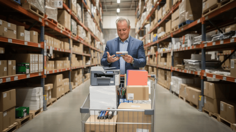 Sam's Club Business Credit Card - A small business owner dressed in a suit is seen shopping for office supplies at a big box warehouse club, embodying a sense of business growth and effective spending. The scene highlights the importance of making smart purchases to maximize cash back rewards, such as bonus cash, and benefits associated with a Sam's Club business credit card.
