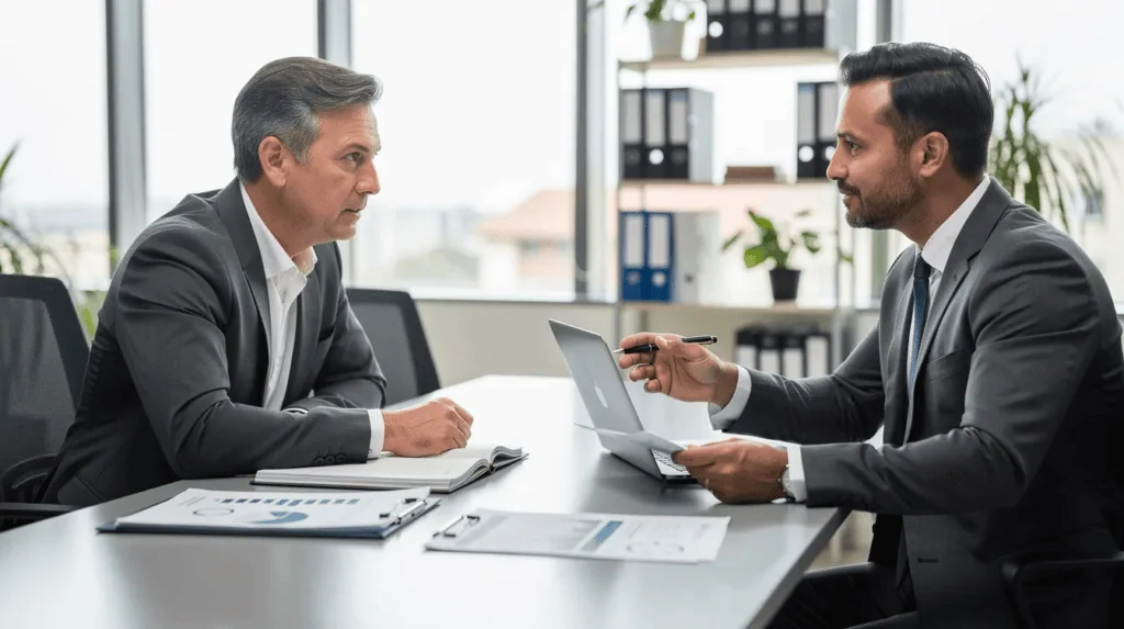 Business Loan with EIN Only - A photorealistic image depicts an established business owner engaged in a discussion with a financial advisor about securing a business loan with EIN only. The scene conveys a sense of expertise and authority, highlighting the importance of understanding business credit and financing options for small business owners.