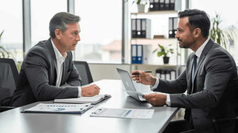 Business Loan with EIN Only - A photorealistic image depicts an established business owner engaged in a discussion with a financial advisor about securing a business loan with EIN only. The scene conveys a sense of expertise and authority, highlighting the importance of understanding business credit and financing options for small business owners.