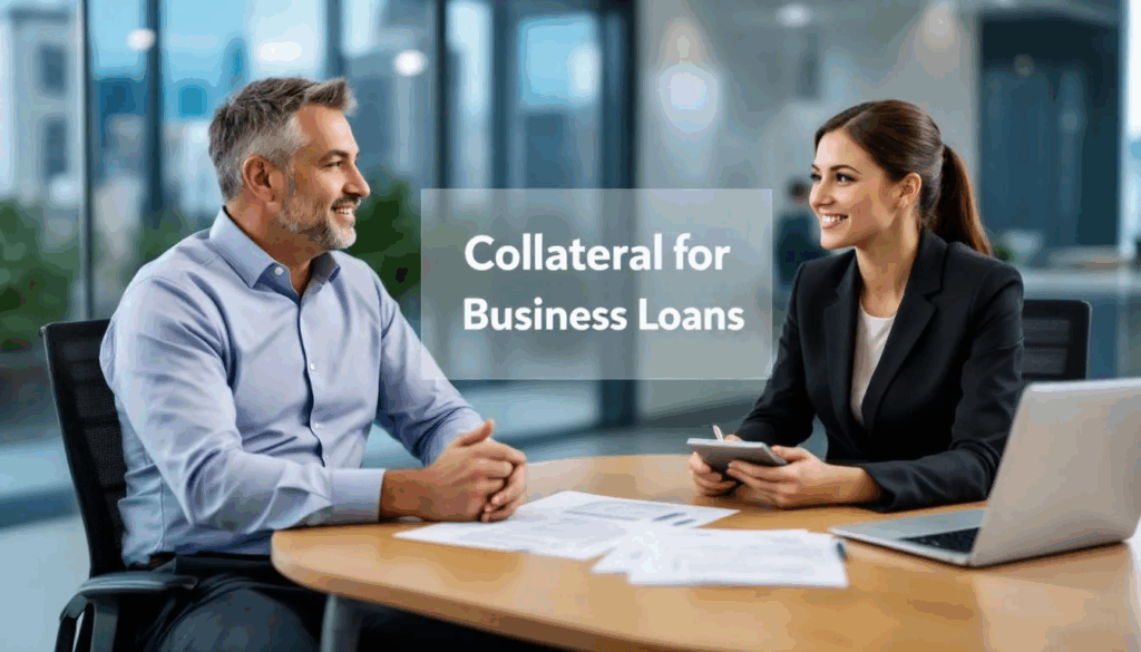 What Types Of Collateral Can Secure Business Loans - A small business owner is engaged in a discussion with a business loan broker about various loan options for a secured business loan, with a transparent overlay displaying the title "Collateral for Business Loans." The image highlights the importance of collateral required to secure financing and the potential benefits of favorable terms for business growth.