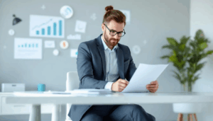 LoanMe Review - A confident small business owner sits at a clean office desk, reviewing loan documents on a laptop, surrounded by subtle financial graphics like charts and dollar symbols. The neutral-toned banner conveys professionalism and clarity in online lending, highlighting the importance of understanding loan terms and interest rates for borrowers.