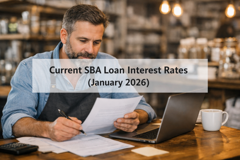 Current SBA Loan Interest Rates (January 2026) - Small business owner reviewing SBA loan documents at a desk with a laptop, overlaid text reading “Current SBA Loan Interest Rates (January 2026)” centered on the image.