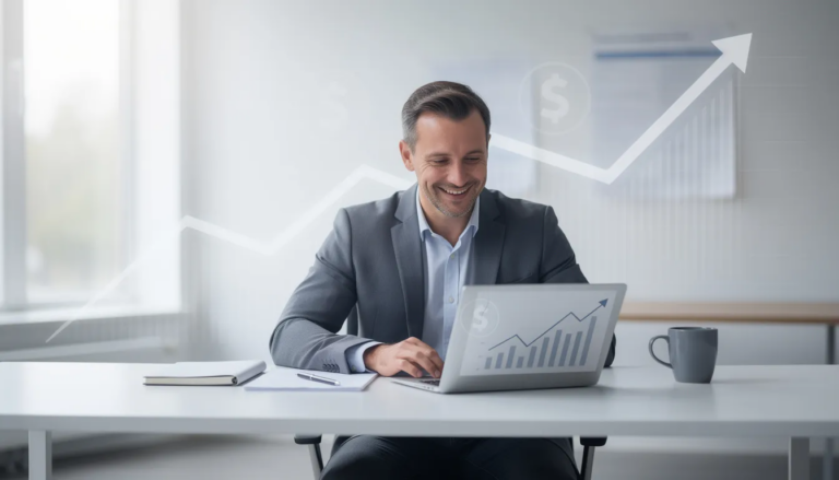 How to Qualify for a Business Line of Credit in 2026 - A confident small business owner is seated at a clean desk, reviewing financial charts on a laptop, surrounded by upward graphs and dollar symbols in a professional setting. The image conveys an optimistic atmosphere with neutral colors and soft lighting, reflecting the importance of a solid business plan for small business owners seeking funding and growth.