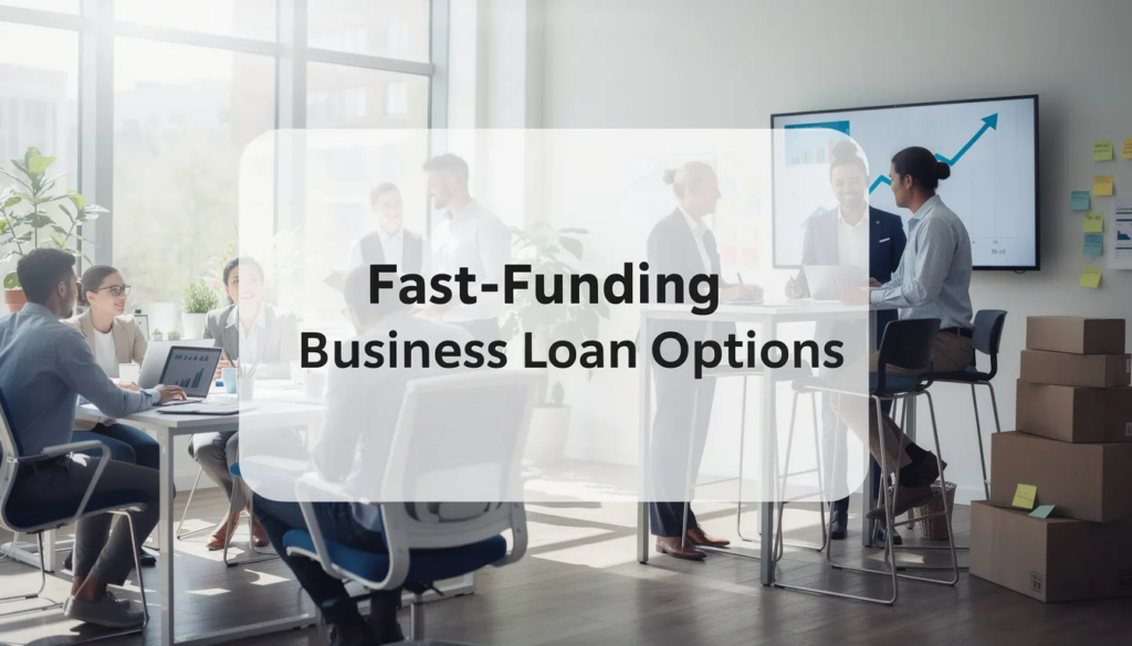 Best Fast-Funding Business Loan Options - The image depicts a vibrant small business in full operation, showcasing an atmosphere of success and rapid growth. A transparent overlay features the title "Fast-Funding Business Loan Options" in bold black text, highlighting the importance of small business loans and financing options for entrepreneurs.
