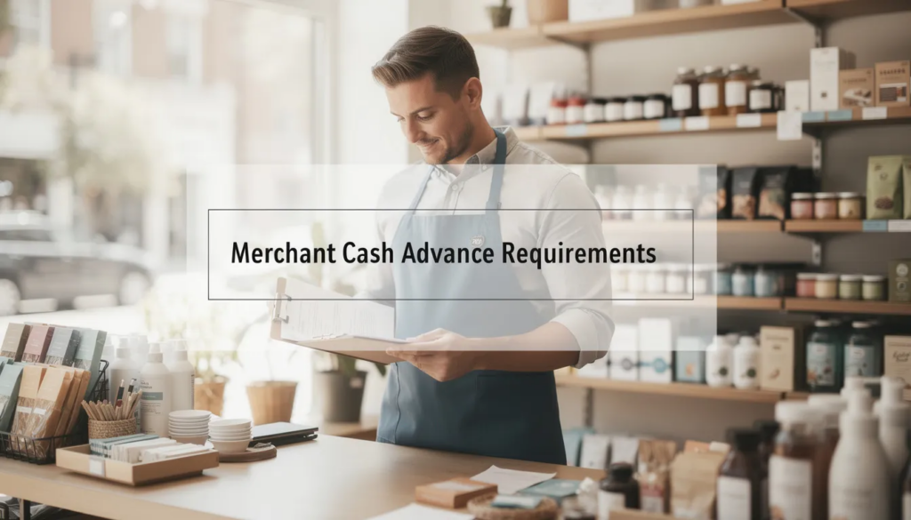 Merchant Cash Advance Requirements - The image depicts a small business merchant in an apron, focused on reviewing paperwork in a clean, well-stocked retail store illuminated by natural light. A transparent overlay titled “Merchant Cash Advance Requirements” is prominently displayed, highlighting the merchant's commitment to evolving their business and exploring alternative funding options to remain competitive in the modern economy.