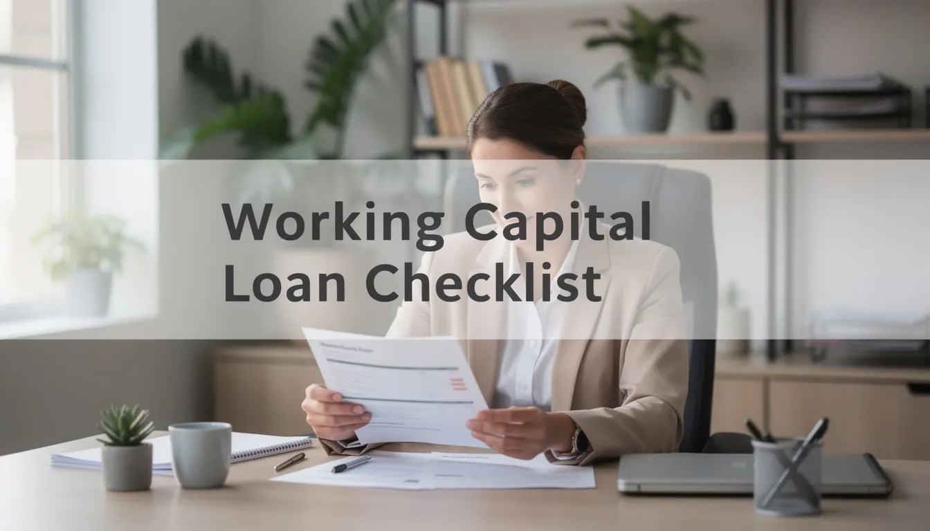 Working Capital Loan Application Checklist - A small business owner is seated in a professional office setting, intently reviewing documents related to a working capital loan, with a transparent overlay titled "Working Capital Loan Checklist" in the center. This scene highlights the importance of informed decisions for small business owners navigating financing options, including factors like credit history and repayment terms.