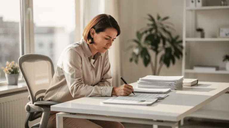 How to Remove a UCC Filing - A small business owner sits at a bright, modern office desk, calmly reviewing paperwork on how to remove a UCC filing. The scene conveys determination as the owner contemplates the steps needed to address secured transactions and maintain business credit.