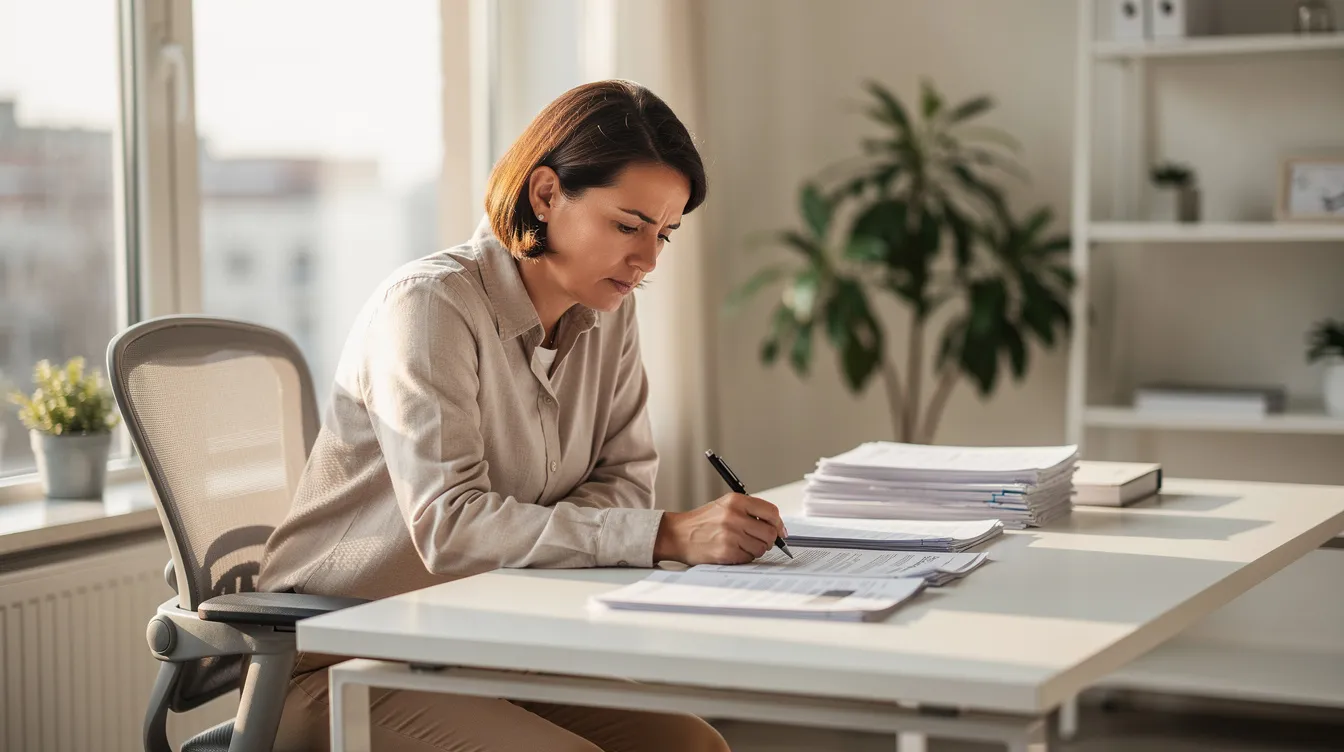 How to Remove a UCC Filing - A small business owner sits at a bright, modern office desk, calmly reviewing paperwork on how to remove a UCC filing. The scene conveys determination as the owner contemplates the steps needed to address secured transactions and maintain business credit.