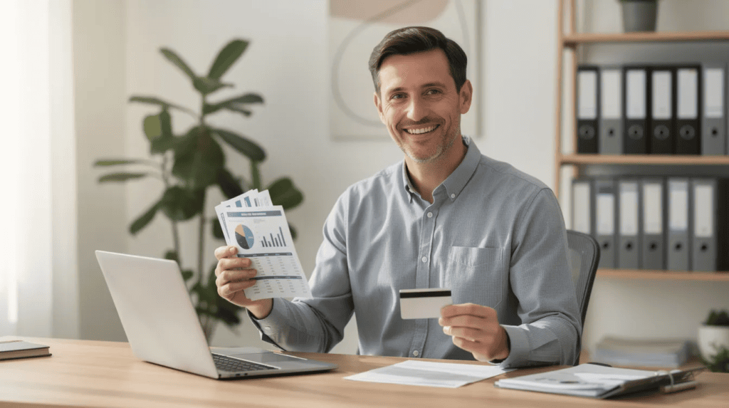 Business Credit Cards for Fair Credit - A small business owner sits confidently at a desk, holding financial documents in one hand and a credit card in the other, with an open computer screen in front of them. The image exudes a sense of success and optimism, reflecting the importance of exploring business credit cards for fair credit and managing business finances effectively.