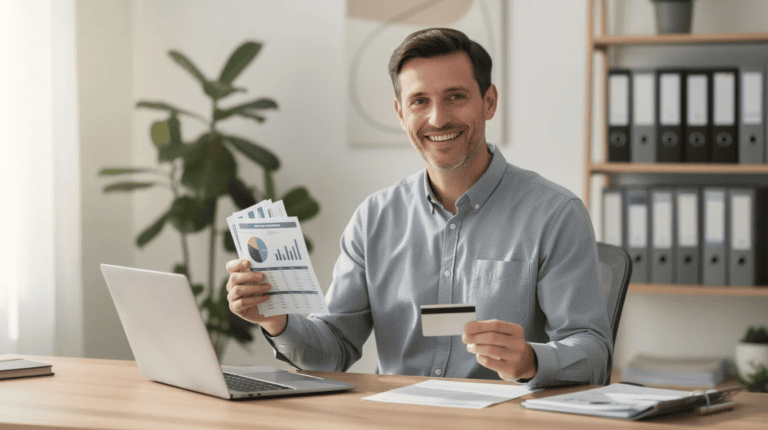 Business Credit Cards for Fair Credit - A small business owner sits confidently at a desk, holding financial documents in one hand and a credit card in the other, with an open computer screen in front of them. The image exudes a sense of success and optimism, reflecting the importance of exploring business credit cards for fair credit and managing business finances effectively.