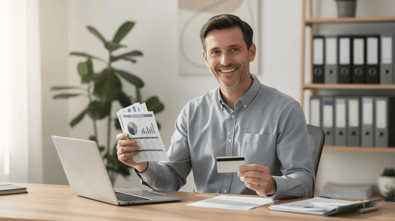 Business Credit Cards for Fair Credit - A small business owner sits confidently at a desk, holding financial documents in one hand and a credit card in the other, with an open computer screen in front of them. The image exudes a sense of success and optimism, reflecting the importance of exploring business credit cards for fair credit and managing business finances effectively.