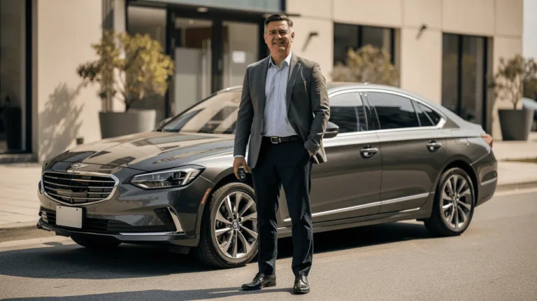 How to Lease a Car For Business - A small business owner stands confidently in front of a sleek business car, symbolizing how to lease a car for business. The image conveys the benefits of leasing a car for business purposes, highlighting the potential for lower monthly payments and tax advantages associated with a leased vehicle.