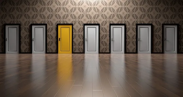 Seven doors on patterned wallpaper with the yellow one standing out, deciding whether Amur Equipment Finance fits
