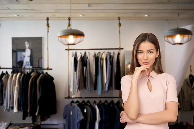 Woman in a pink top standing thoughtfully in her clothing boutique, exploring the benefits of woman-owned businesses