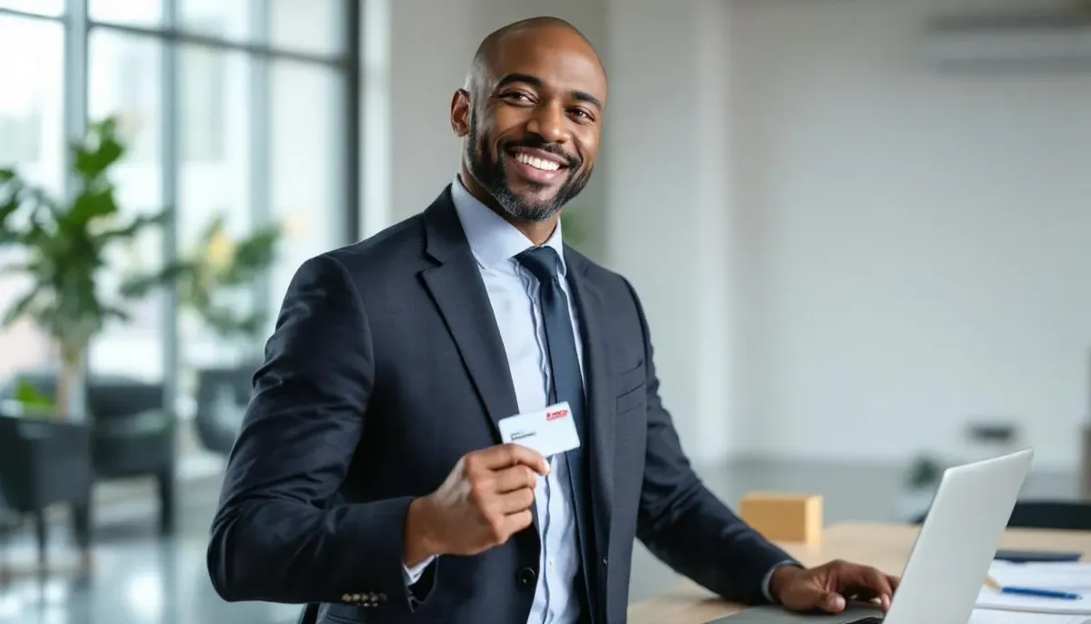 Smiling businessman holding up a credit card beside his laptop in a bright office, reviewing a business rewards card