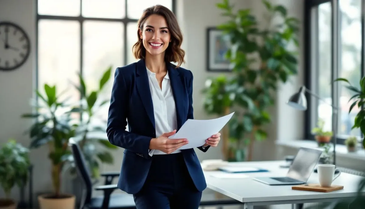 Smiling businesswoman in a navy blazer holds documents in a bright plant-filled office, decided on her financing path