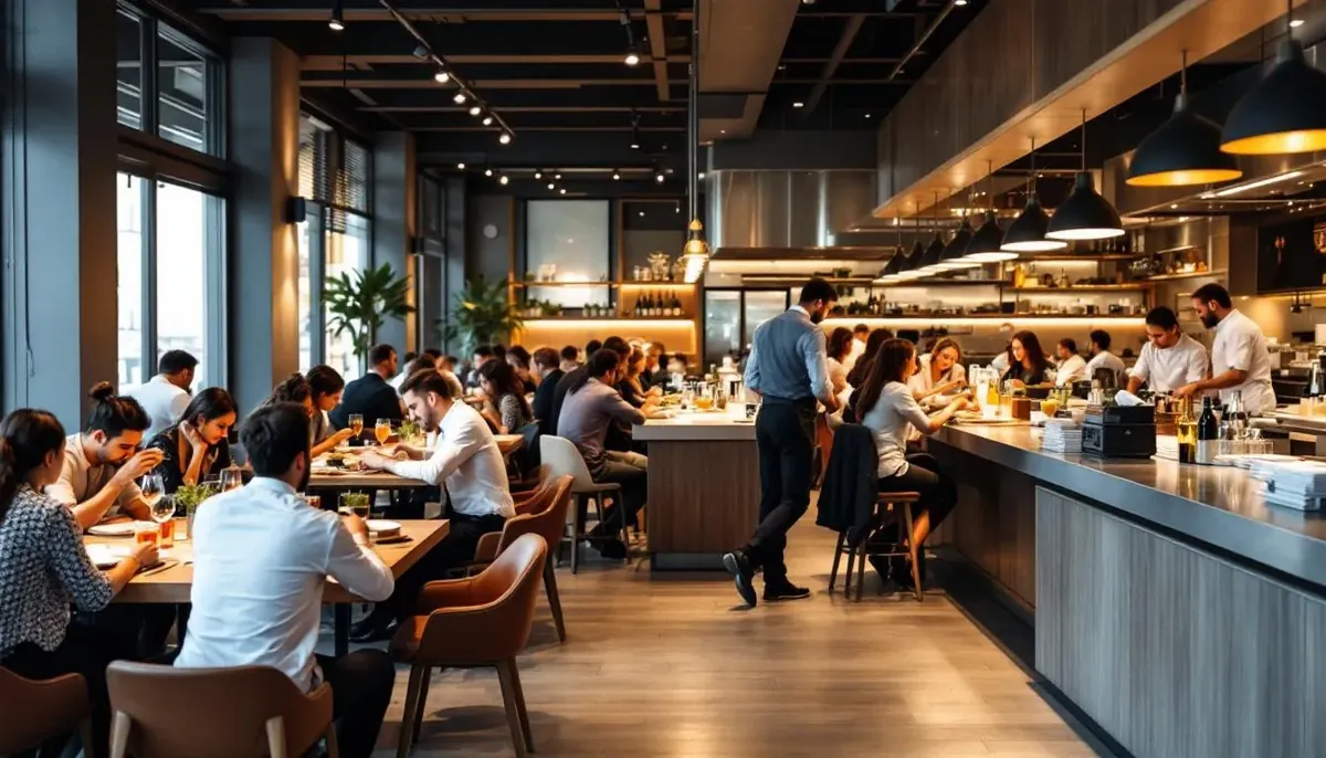 Busy, stylish restaurant with diners at tables and chefs at an open kitchen, the kind of business restaurant loans support