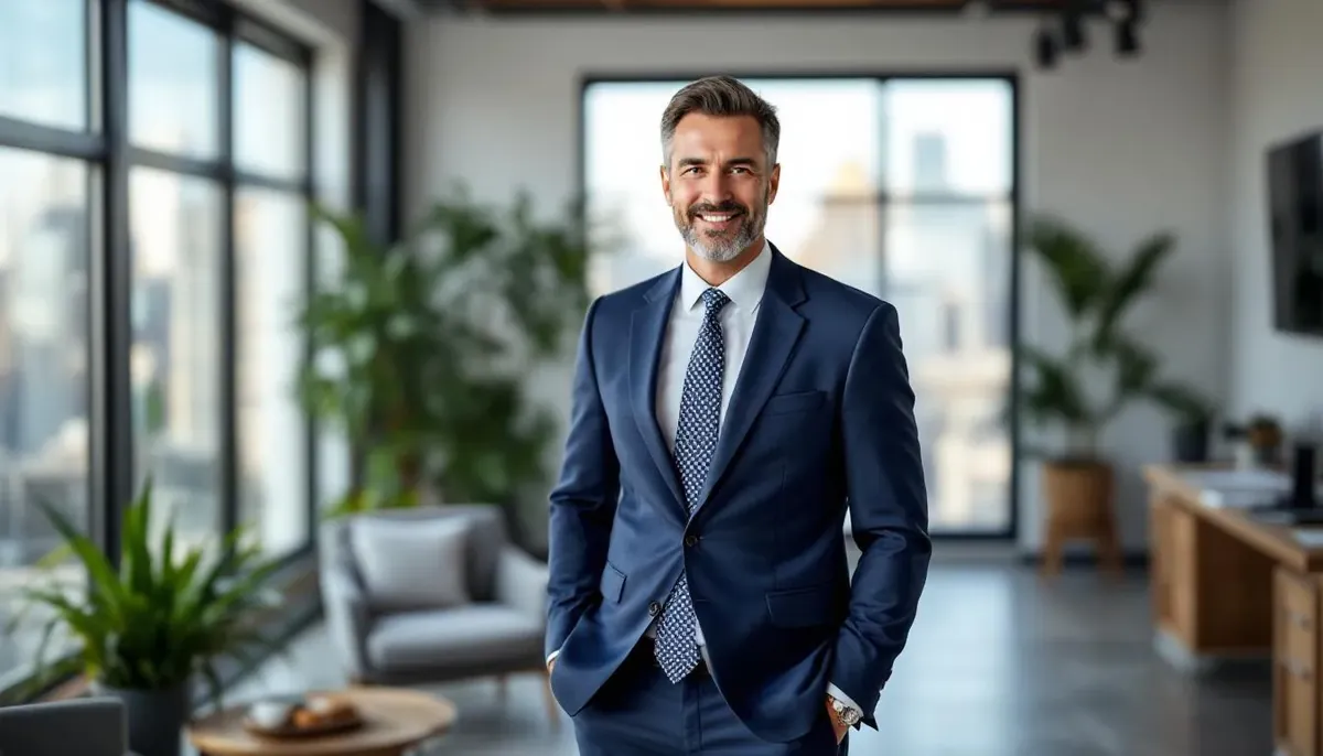 Smiling businessman in a navy suit standing in a bright, plant-filled office, a hopeful close to the cash flow loans guide