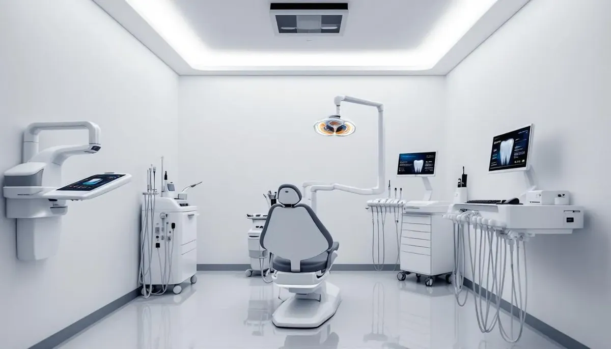 Modern dental treatment room with a patient chair, light and monitors with tooth images, all equipment you can finance